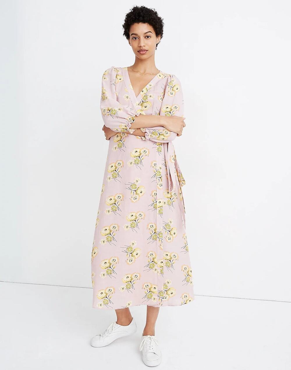 Madewell Linen Dress Pink Dutch Danelions Pink Floral Wrap Dress XS Boho Cottage - Picture 1 of 6